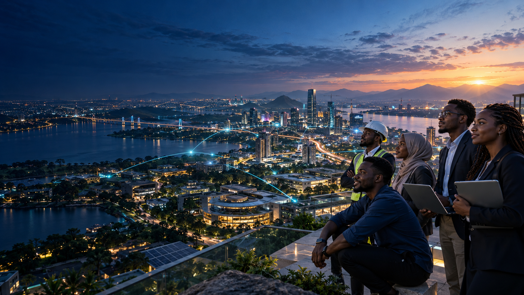 African engineers and innovators overlooking a connected future city