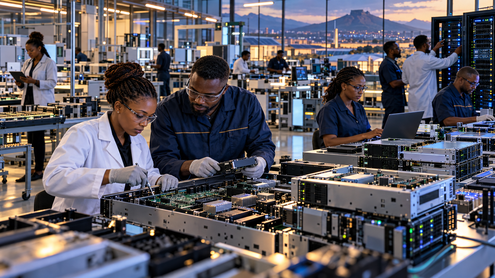 African engineers assembling servers and advanced computing hardware